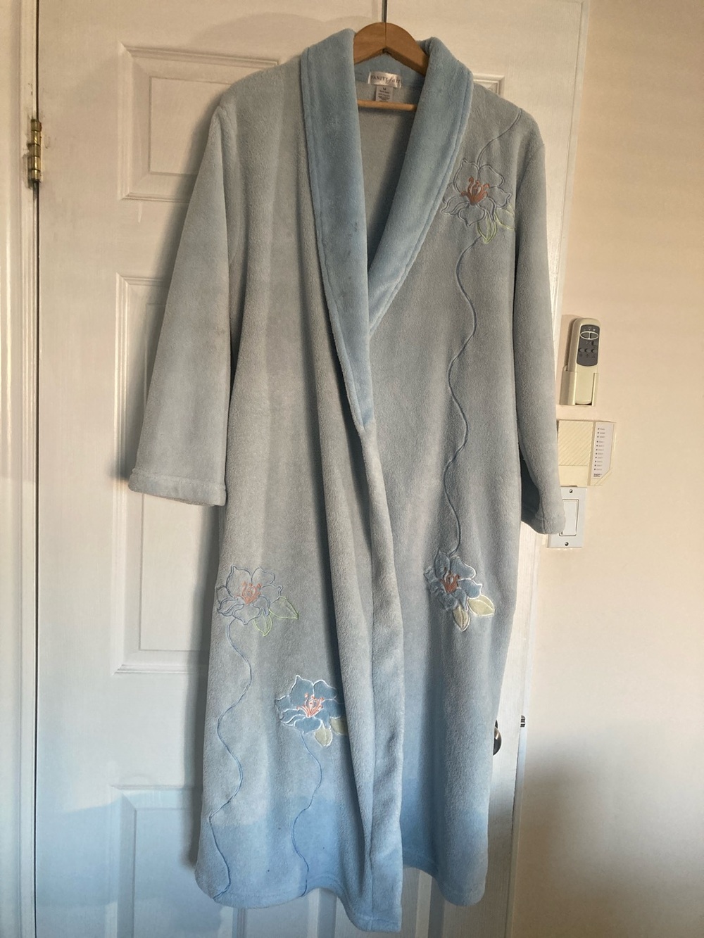 Vanity Fair Light Blue Plush Shawl Collar Robe with Floral Embroidery